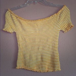 Yellow and white striped off the shoulder crop